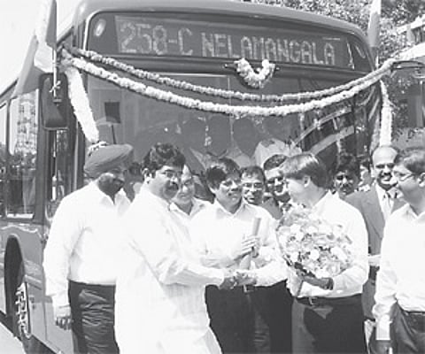 Minister for Transport, R Ashok and TMML CEO Lusuir Grochot at the launch of the Tata Marcopolo buses in Bangalore on Sunday.