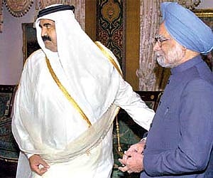 Prime Minister Manmohan Singh with Emir of Qatar Sheikh Hamad bin Khalifa Al- Thani during a meeting at Wajba Palace in Doha on Monday. PTI