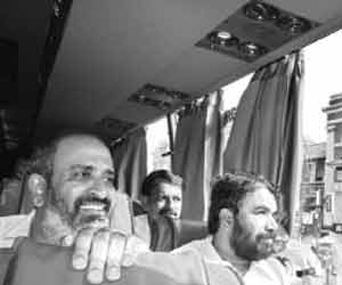 Transport Minister Mathew T.Thomas and V.Sivankutty MLA enjoy the inaugural ride on a Garuda (Volvo) bus in the city on Wednesday.