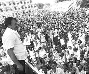 Hitting out: Praja Rajyam Party chief Chiranjeevi addressing public during Praja Ankita Sabha at Yadagirigutta in Nalgonda district on Thursday