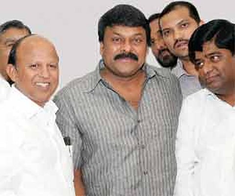 NTP chief Devender Goud and his colleagues with actor Chiranjeevi at the latter's office in Hyderabad on Sunday.