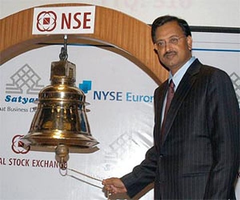 Founder Chairman, Satyam Computer Services Ltd Ramalinga Raju ringing the bell at the company listing ceremony at NSE in Mumbai. (PTI: File Photo)
