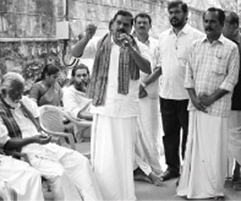 BJP State president and candidate for Thiruvananthapuram P.K.Krishnadas speaking at the inaugural of his fast at Kannammoola on Thursday. O.Rajagopal