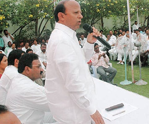 T Devender Goud addressing his followers at his residence in Hyderabad on Monday