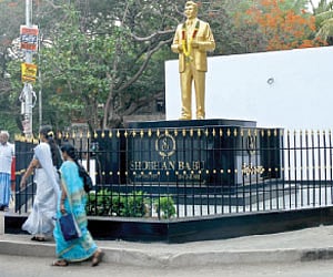 The platform for a statue of actor Sobhan Babu at the corner of Mehta Nagar First Main Road, which eats into pedestrian space