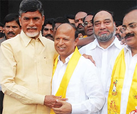 TDP president N.Chandrababu Naidu welcoming T. Devender Goud and his supporters who rejoined the party at NTR Trust Bhavan in Hyderabad on Thursday