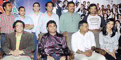 AR Rahman, Director Goutham Menon and Shruthi Haasan at the grand finale of Ooh la la la on Friday/Pix: P Jawahar.