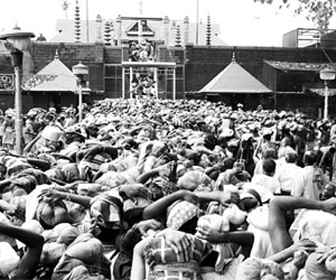 Heavy rush of pilgrims in front of the Holy Steps at Sabarimala Lord Ayyappa temple on Monday.