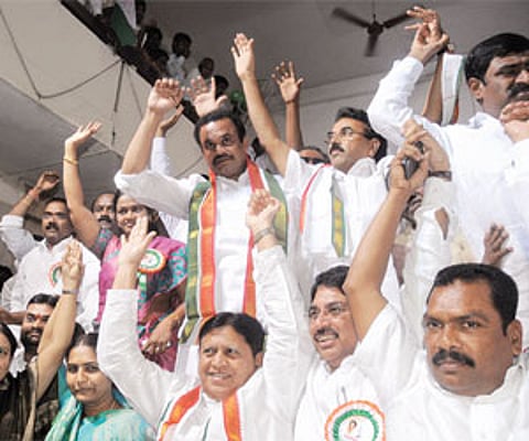 Telangana ministers participating in a meeting in Hyderabad on Wednesday to thank UPA chairperson Sonia Gandhi and Prime Minister Manmohan Singh for