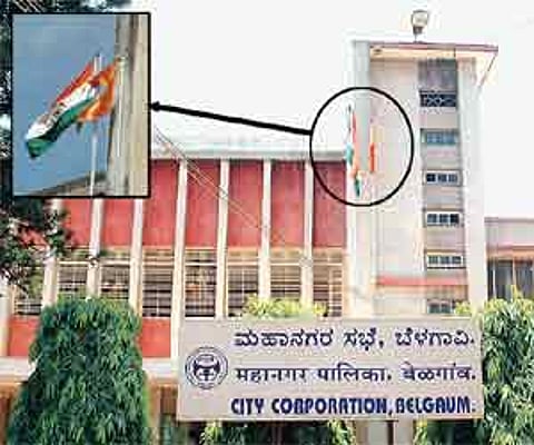 The corporation building with Bhagava flag alongside the Tri-colour.