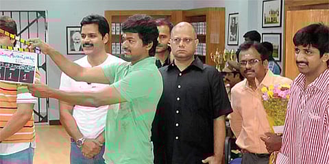 Shaam and Vijay with crew members/Pix: A Raja Chidambaram.