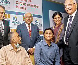 Apollo Hospitals chairman Dr Prathap C Reddy (L), Apollo Hospitals managing director Preetha Reddy, chief cardiovascular surgeon Dr M R Girinath (C) w