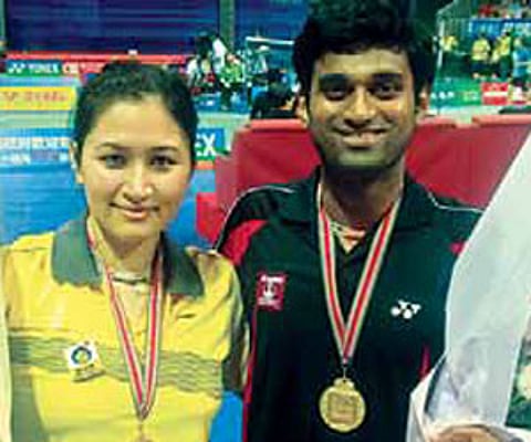 Jwala Gutta and V Diju celebrate after winning the mixed doubles title in Chinese Taipei.