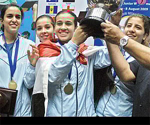 The victorious Egypt women’s team after winning the World Squash Junior Team Championship on Saturday