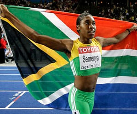 South Africa's Caster Semenya celebrates after winning the gold medal in the Women's 800m during the World Athletics Championships. (AP)