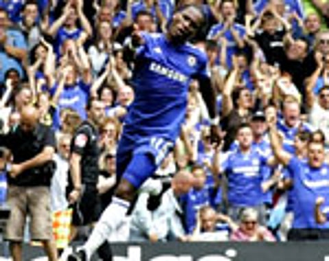Chelsea's Didier Drogba celebrates his goal against Hull City during their EPL match at Stamford Bridge, London on Saturday. (AP)