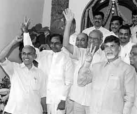 NEW FRONT: TDP president N Chandrababu Naidu, CPI State secretary Narayana, TRS president K Chandrasekhara Rao and CPM State Secretary BV Raghvulu in