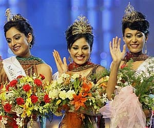Winners of Femina Miss India 2009 contest, from left, Miss Universe Ekta Chaudhary, Miss World Pooja Chopra and Miss Earth Shriya Kishore in Mumbai.