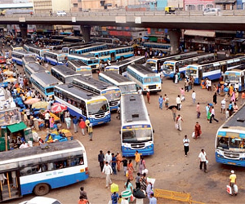 Buses parked haphazardly at the city market