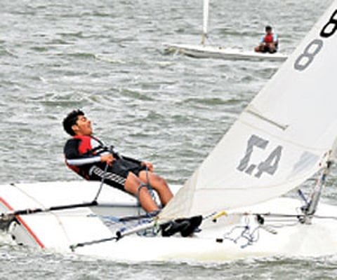 Gaurav Pikale of EME Sailing Club in action in the Laser 4.7 category of the National Laser Regatta Championship at Hussainsagar lake in Hyderabad.