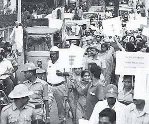 Residents of V S Raju Road took to streets to protest against the diversion of traffic onto the narrow residential road, in Bangalore on Thursday.