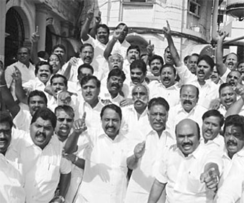 AIADMK MLAs raise slogans after being evicted from the Tamil Nadu Assembly on Friday/A S Ganesh.