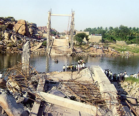The hanging bridge near Hampi that collapsed on Thursday, killing seven people