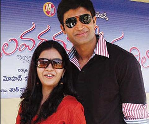 Swati and Kamal Kamaraju strike a pose on the sets of Kalavaramaye Madilo.