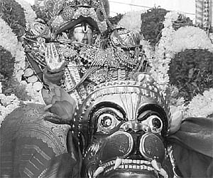 Lord Govindaraja Swamy riding Hanumantha Vahanam in Tirupati on Thursday as part of the temple Brahmotsavams.