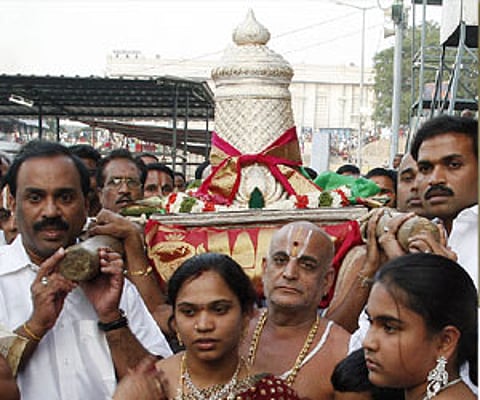 The diamond-studded crown presented by Brahmani Steel Industries chairman Gali Janardhan Reddy to Lord Balaji.
