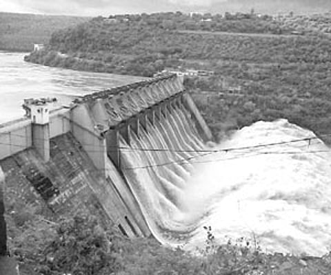 Water gushing out of Srisailam dam after the crest gates were lifted.
