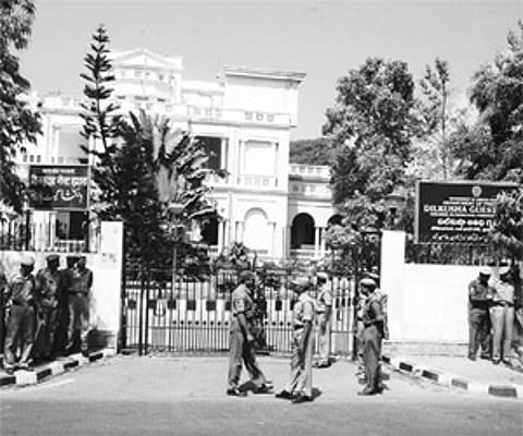 Police deployed in large numbers at the Dilkusha Guest House in Hyderabad on Tuesday where CBI sleuths were questionning Satyam scam acccused.