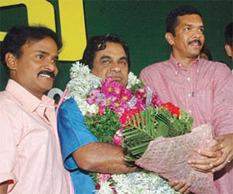Brahmanandam being felicitated by his fellow comedians for receiving Padmashri on the sets of `Rajavari Chepala Cheruvu’ at Ramoji Film City on Thursd