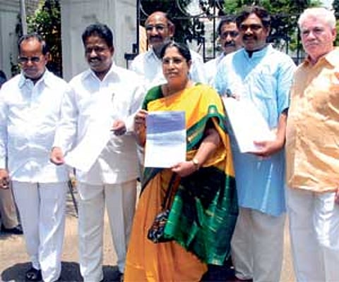 A group of former mayors coming out after giving a memorandum to Governor Rameshwar Thakur at Raj Bhavan in Bangalore on Wednesday.