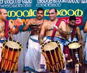 Percussionist Mattannoor Shankarankutty and his sons Sreekanth and Sreeraj performing triple thayambaka as part of the Shatkala Govinda Marar music fe