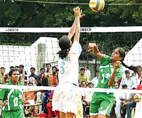 Action from the Delhi vs Karnataka match in the girls section at the National Sub-Junior Volleyball Championship.
