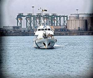 WARM WELCOME: Indian Coast Guard ship Gangadevi entering Chennai Port on Sunday. The inshore petrol vessel has been re-based to Coast Guard East regio