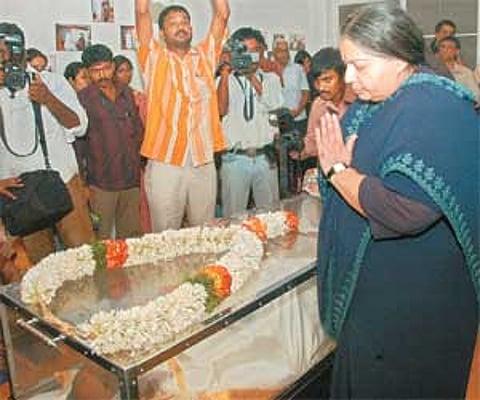 AIADMK general secretary J Jayalalithaa paying her respects to Balaji at his residence in the city on Sunday.