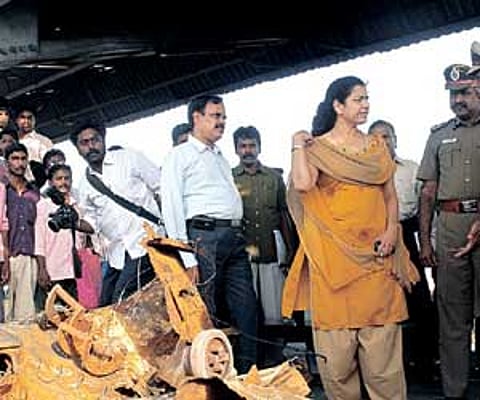 Additonal Dirctror General of Police (C), CB-CID, Archana Ramasundaram, inspecting the accident site, in the city on Thursday.