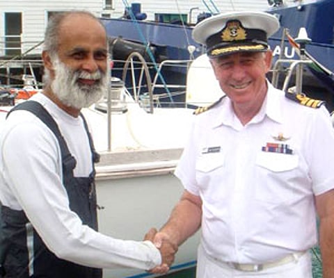 Cdr Dilip Donde being welcomed to Lyttelton by Cdr Rex Edwards, RNO Christchurch. (IANS Photo)