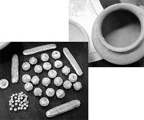 The clay pots and the golden ornaments which were recovered from Sholavanthan, near Madurai, on Saturday