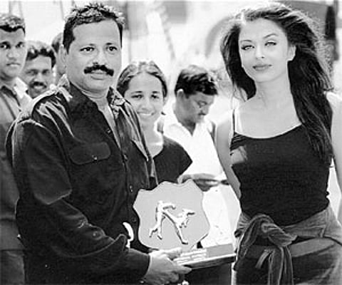 Karate master and stunt actor A Ramesh seen with Aishwarya Rai on the sets of Endiran at Chennai