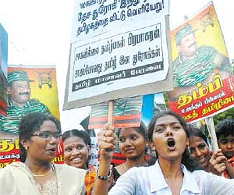 Members of the Sri Lankan Tamils Protection Movement taking out a rally against Lankan President Mahinda Rajapakse, in the city on Thursday.