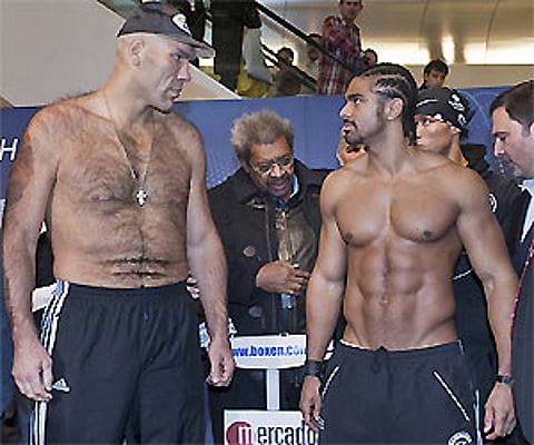 Russian heavyweight boxer Nikolai Valuev left and British heavyweight boxer David Haye before the bout. AP
