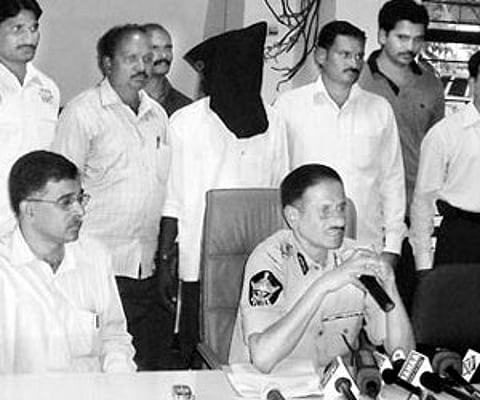 Serial killer Maina Ramulu, who has killed seven women since 2003, being presented before the media on Tuesday after he was arrested by the Cyberabad