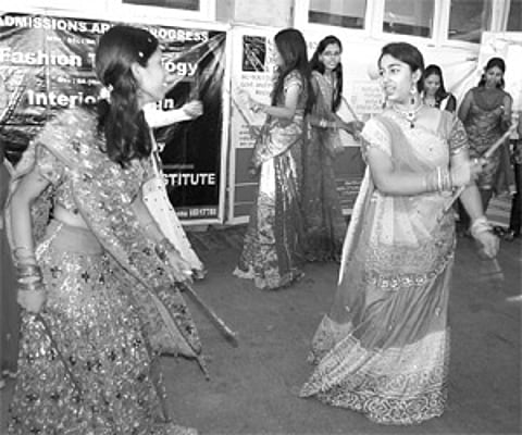 Students of Abids Lakhotia Institute of Arts and Design participating in the FASH-Dandiya Festival organised as part of the Navratri on Friday.