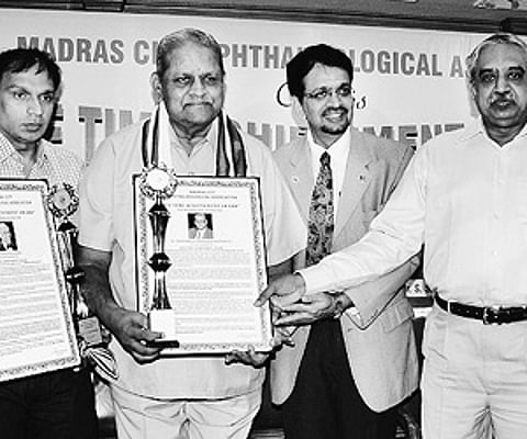 Dr E T Selvam, retired professor, Dr Amar Agarwal, son of late Dr J Agarwal, Dr S S Badrinath, chairman of Sankara Nethralaya.