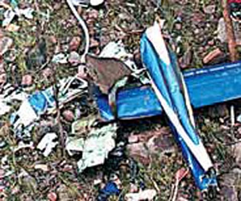 The tail fin of the helicopter carrying Y S R Reddy and his entourage, which crashed killing all the occupants.