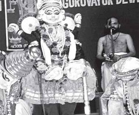 Vishwaroopa dharshanam, the most important scene from avatharam krishnanattom, being staged at Poonithura Kottaram Sree Krishna temple on Sunday as pa