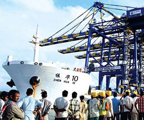 The Panamax quay cranes on board MV Zhen Hua, bound for the ICTT at Vallarpadom, berthed near Ernakulam wharf on Thursday.